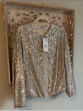 Zara Sequin Zip-Up Jacket in Silver Large